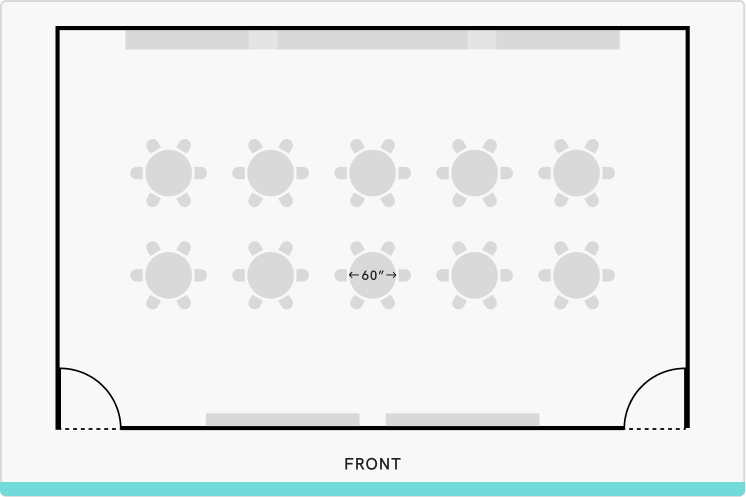 Simple top-down, "banquet" layout drawing of the CZI Community Space main event space, with bleachers retracted and two rows of 5 round tables with 6 chairs each.