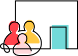 Stylized CZI Community Space "Main Event Space" icon, with three red, yellow, and pink human figures at left, in front of a wall with a blue doorway.