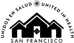 Unidos en Salud, United In Health, San Francisco logo, in black with three houses below, and arcing text and sun above - COVID-19 Response, CZI.