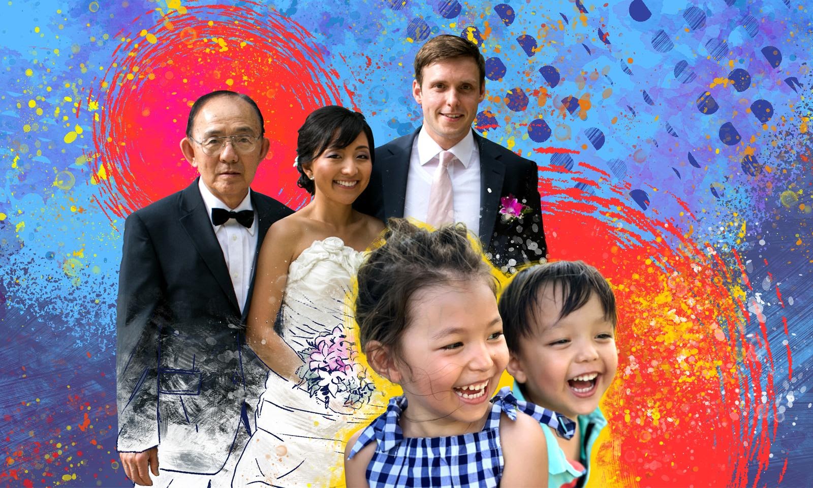 A women in a wedding dress, groom and the women's father smile. Two laughing children are shown in the foreground.